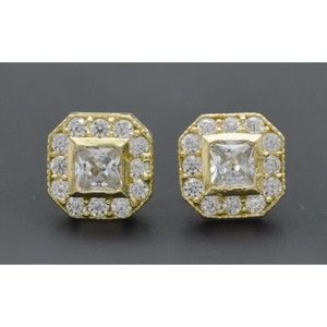 Real 10K Solid Yellow Gold 8.8mm Mens Micro CZ Asscher Cut Stud Earrings 2.0gr